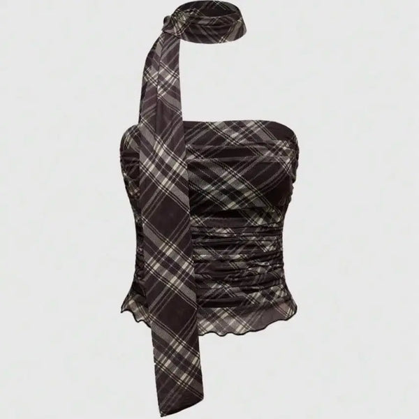 [BUNJANG] Checkered Scarf Chiffon Top Blouse Set - Brown / 체크 머플러 쉬폰 탑 블라우스 세트 브라운