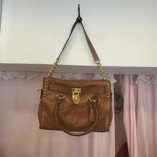 [BUNJANG] Michael Kors Brown Leather Studded Chain Tote Bag / 마이클코어스 토트백 브라운