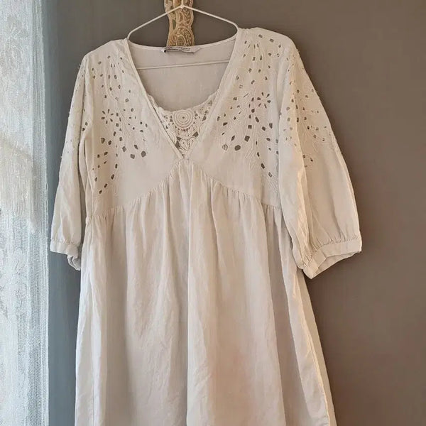 [BUNJANG] Zara Vintage Embroidered Puff Sleeve Dress / 자라 빈티지 화이트 자수 퍼프 원피스
