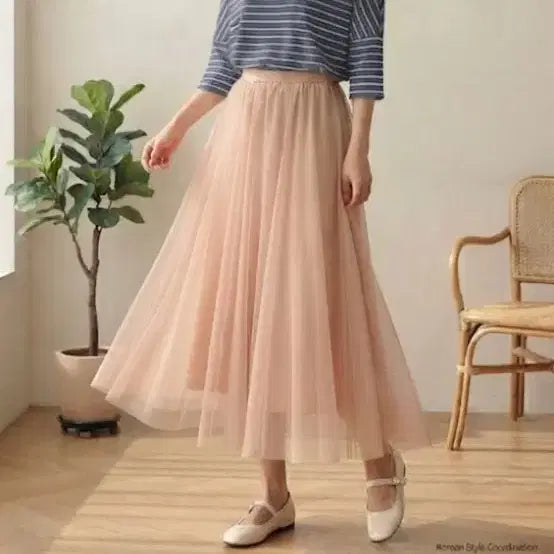 [BUNJANG] Dailyan Long Chiffon Skirt - Apricot (Size 55) / 데일리안 롱 쉬폰 스커트 살구색 55