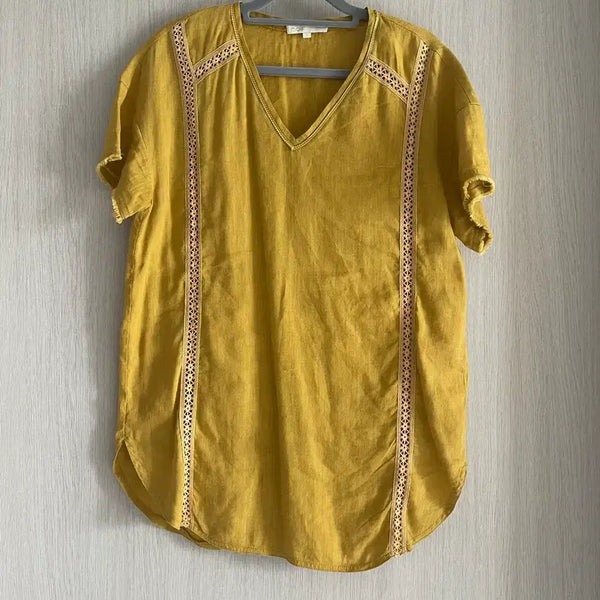 [BUNJANG] Maje Yellow Punching Linen Blouse / 마쥬 겨자색 펀칭 린넨 블라우스