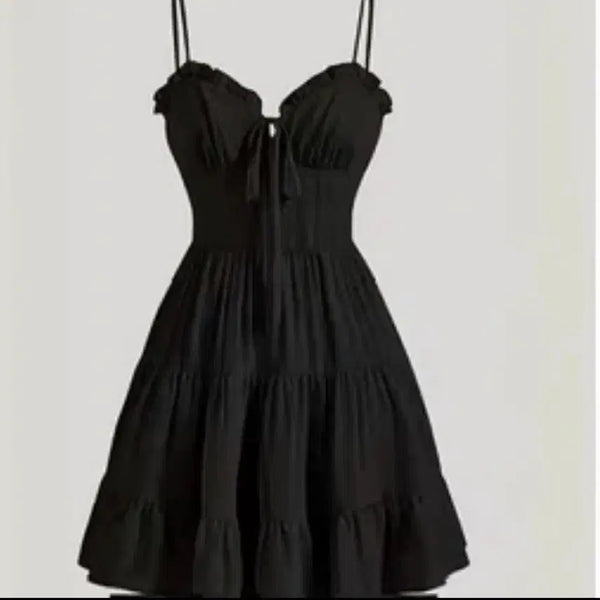 [BUNJANG] S-Size Black Sleeveless Frill Dress with Ribbon Detail / 여름용 나시 프릴 원피스