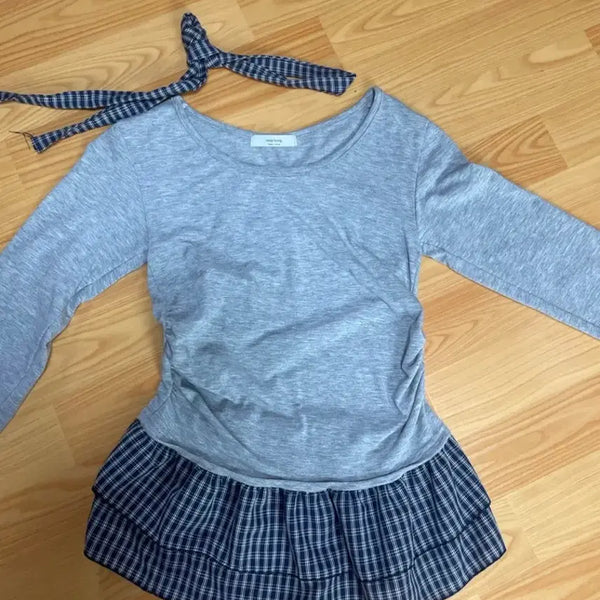 [BUNJANG] Gray Layered Shirring Long-Sleeve Shirt / 회색 레이어드 셔링 긴팔