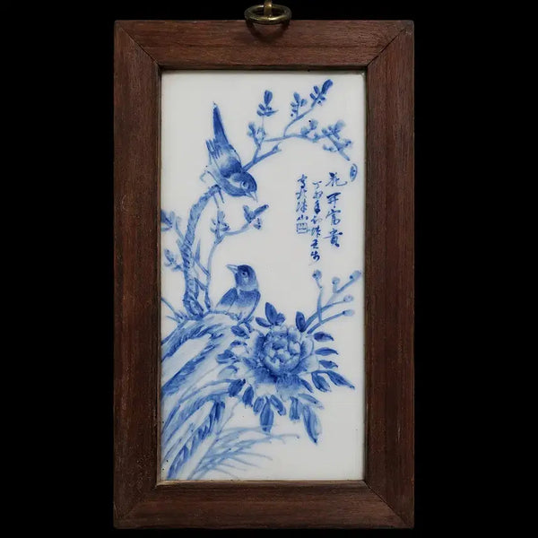 [BUNJANG] Korean Celadon Porcelain Hand-Painted Floral and Bird Motif Tile Framed Art / 청화백자 수공 화조도 도판 액자 그림 중국도자기 골동품 고미술품 수집품