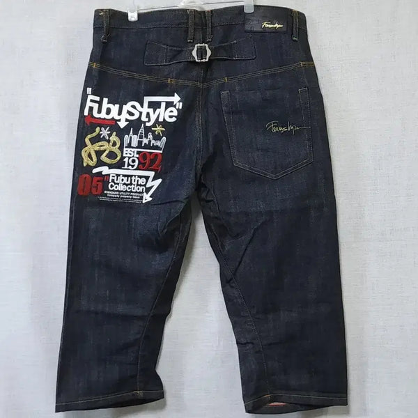[BUNJANG] FUBU Y2K Embroidered Cropped Baggy Denim Jeans / 희귀 후부 FUBU Y2K 자수 크롭 배기 데님 진 청바지 힙합 34 35