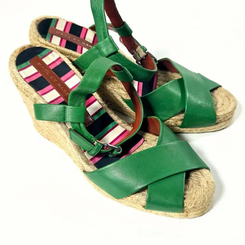 [BUNJANG] Marc Jacobs Espadrille Wedge Sandals Green Leather / 마크제이콥스 에스파드류 웨지힐 샌들 245~250