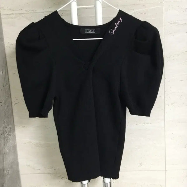 [BUNJANG] Egoist 23 Smile Embroidery Puff Ribbed Knit / 에고이스트 23 스마일 자수 퍼프 골지 니트 free