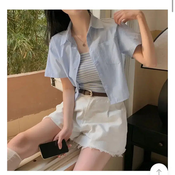 [BUNJANG] Sky Blue Cropped Shirt / 하늘색 크롭 셔츠