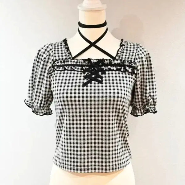[BUNJANG] Mazz Check Pattern Ribbon Blouse Knit / 마즈 체크무늬 리본 블라우스 니트 블랙 화이트 양산형 지뢰계 스나계