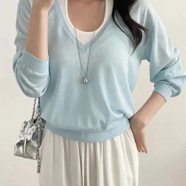 [BUNJANG] Deep V-Neck Long Sleeve Knit - Light Mint / 무료배송. 새상품. 딥브이넥 얇은 여름 긴팔 니트 라이트 민트 소라