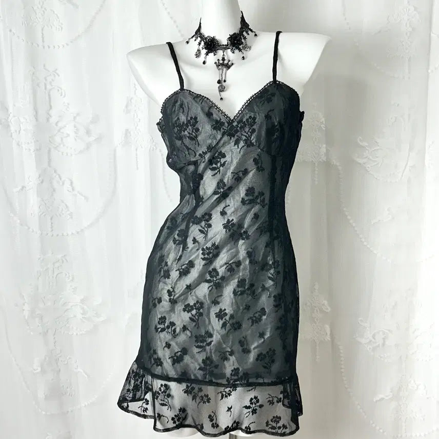 [BUNJANG] See-through Floral Lace Slip (Lining: Silver) / 시스루 플로럴 레이스 슬립