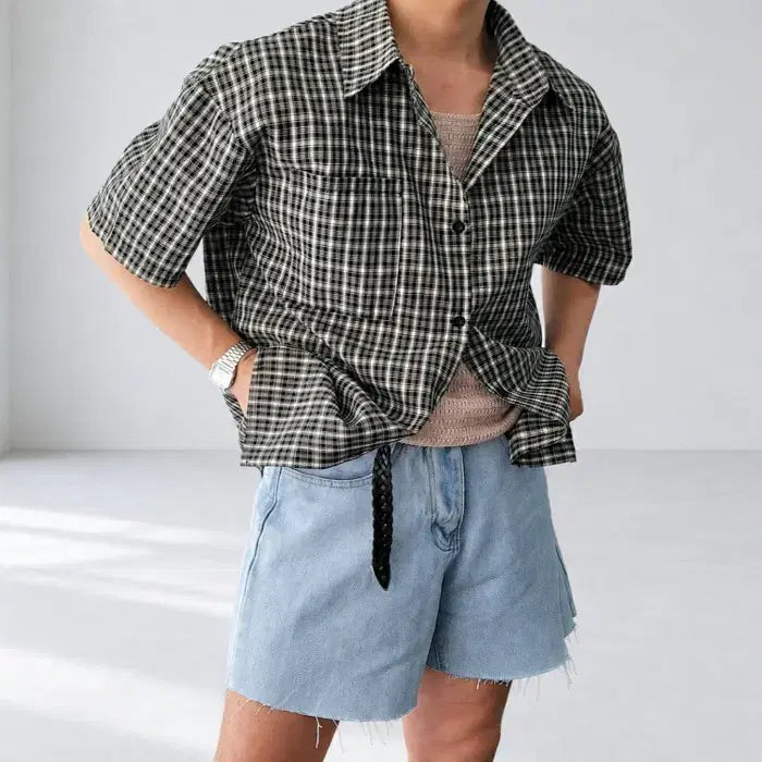 [BUNJANG] Men's Cooling Gingham Short Sleeve Shirt (2 Colors) / 남자 쿨링 아이스 고방체크 반팔 셔츠 2컬러