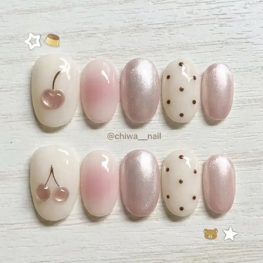 [BUNJANG] Custom Cherry Magnet Gel Dot Blusher Handmade Nail Tips / 주문제작 체리 자석젤 도트 블러셔 수제 네일팁