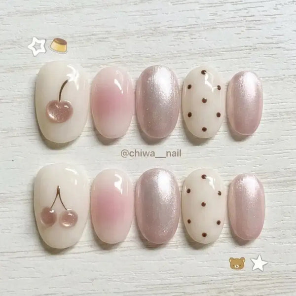 [BUNJANG] Custom Cherry Magnet Gel Dot Blusher Handmade Nail Tips / 주문제작 체리 자석젤 도트 블러셔 수제 네일팁