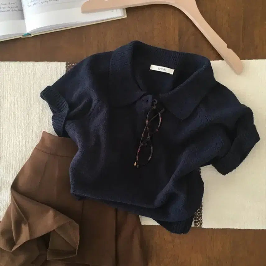 [BUNJANG] BAYDELY Kara Bukle Short Sleeve Knit Navy / 베이델리 카라 부클 단작 반팔 니트 네이비