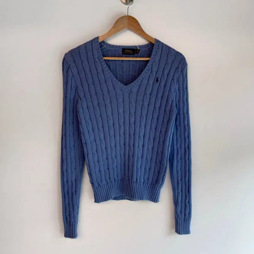 [BUNJANG] Polo Ralph Lauren Light Blue Cotton Cable V-Neck Knit Sweater / 폴로 랄프로렌 신형라벨 라이트 블루 코튼 케이블 v넥 니트