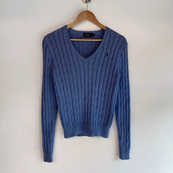 [BUNJANG] Polo Ralph Lauren Light Blue Cotton Cable V-Neck Knit Sweater / 폴로 랄프로렌 신형라벨 라이트 블루 코튼 케이블 v넥 니트