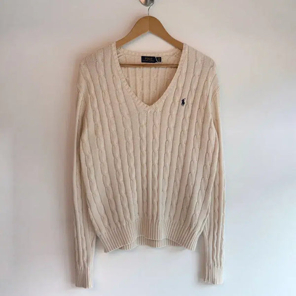 [BUNJANG] Polo Ralph Lauren Cream Ivory V-Neck Cable Cotton Knit (L) / 폴로 랄프로렌 신형 루즈핏 크림 아이보리 V넥 케이블 코튼 니트