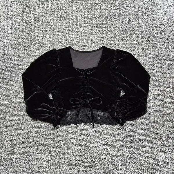 [BUNJANG] Vintage 9 Velvet Shirring Lace Crop Blouse Top / 빈티지9. 벨벳 셔링 레이스 크롭 블라우스 탑