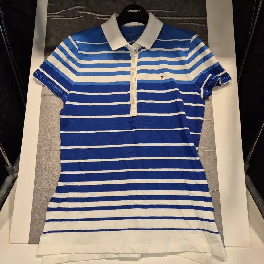 [BUNJANG] Tommy Hilfiger Striped Short-Sleeve Polo Shirt - Blue / 타미힐피거 스트라이프 반팔 카라티 블루