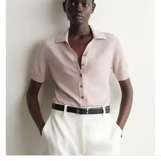 [BUNJANG] COS Knitted Linen Merino Short Sleeve Shirt Light Pink M / COS 니티드 리넨 메리노 쇼트 슬리브 M