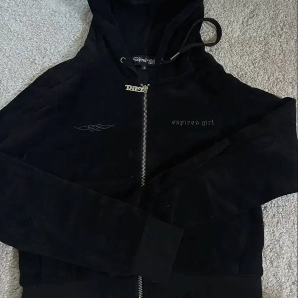 [BUNJANG] Expired Girl Velour Track Hoodie Zip-Up Black / 익스파이어드걸 벨로아 트랙 후드 집업 블랙