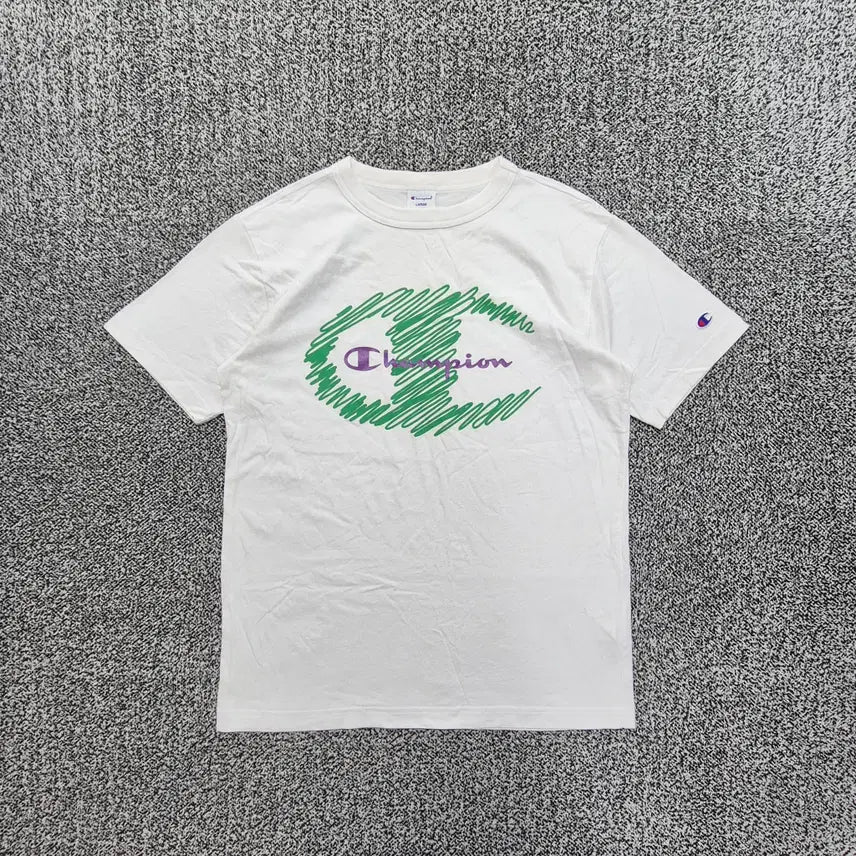 [BUNJANG] Vintage Champion Big C Logo Short Sleeve T-Shirt White / 빈티지9. 챔피언 빅 C 로고 드로잉 반팔 티셔츠 화이트