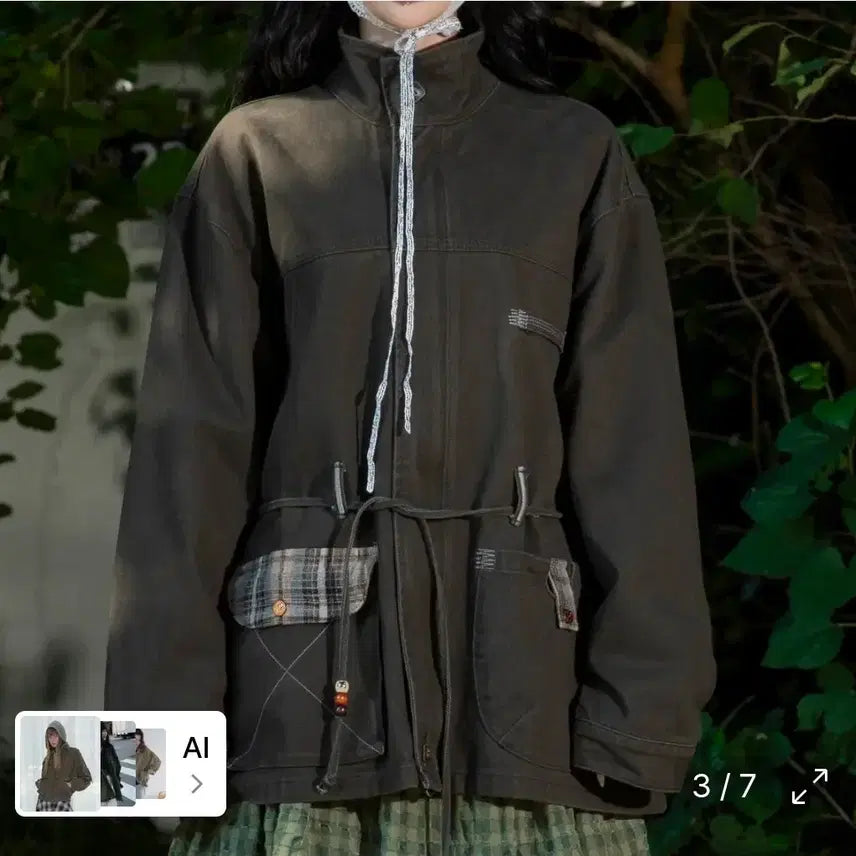 [BUNJANG] Lunakihoo Sky Check Color Block Washed Cotton Jacket (Khaki) / 루나키후 하늘 체크 배색 워싱 코튼 자켓 (KHAKI)