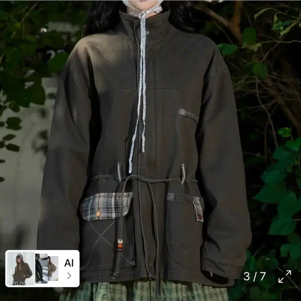 [BUNJANG] Lunakihoo Sky Check Color Block Washed Cotton Jacket (Khaki) / 루나키후 하늘 체크 배색 워싱 코튼 자켓 (KHAKI)