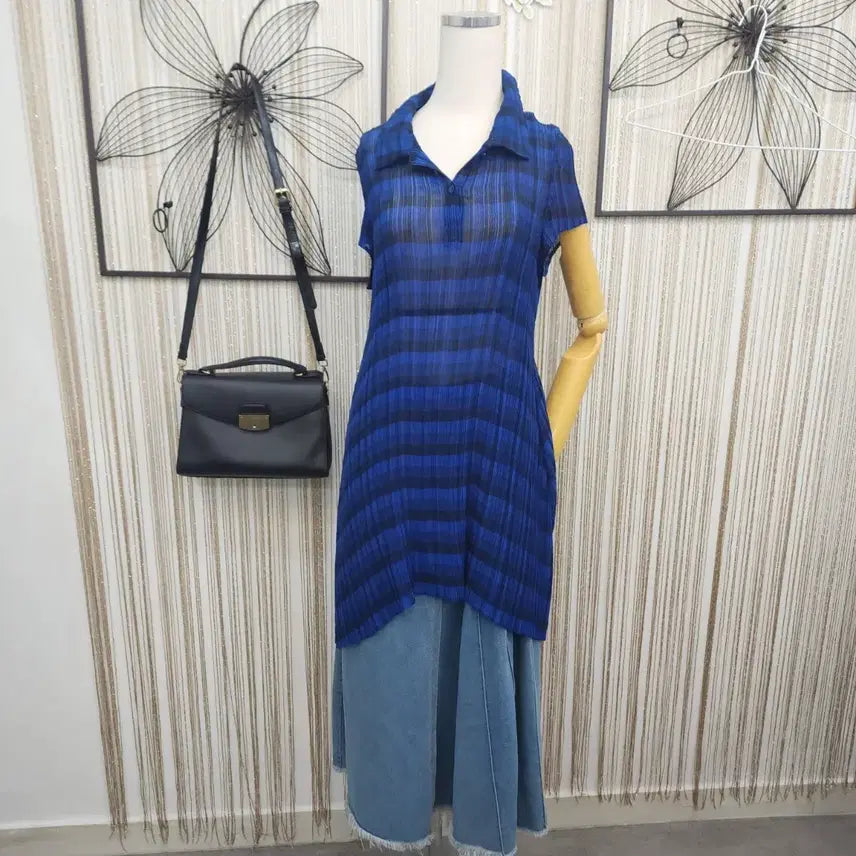 [BUNJANG] Crocodile Blue Stripe Pleated Long Blouse (Size 100) / 크로크다일 100사이즈   블루 스트라이프 플리츠 롱 블라우스