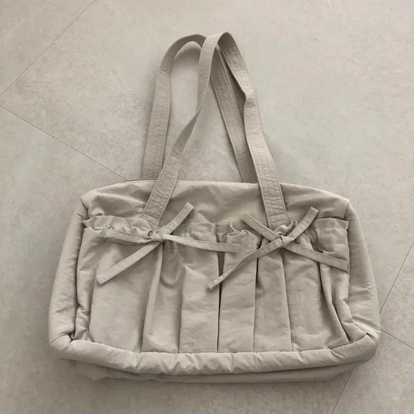 [BUNJANG] Beige Shirring Nylon Shoulder Bag / 베이지 셔링 나일론 숄더백