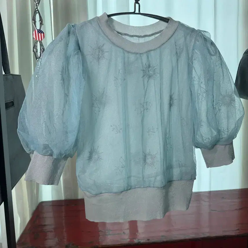 [BUNJANG] SNIDEL Sheer Tulle Layered Puff Top / Sheer Tulle Puff Top / 소라색 튤 레이어드 퍼프 탑