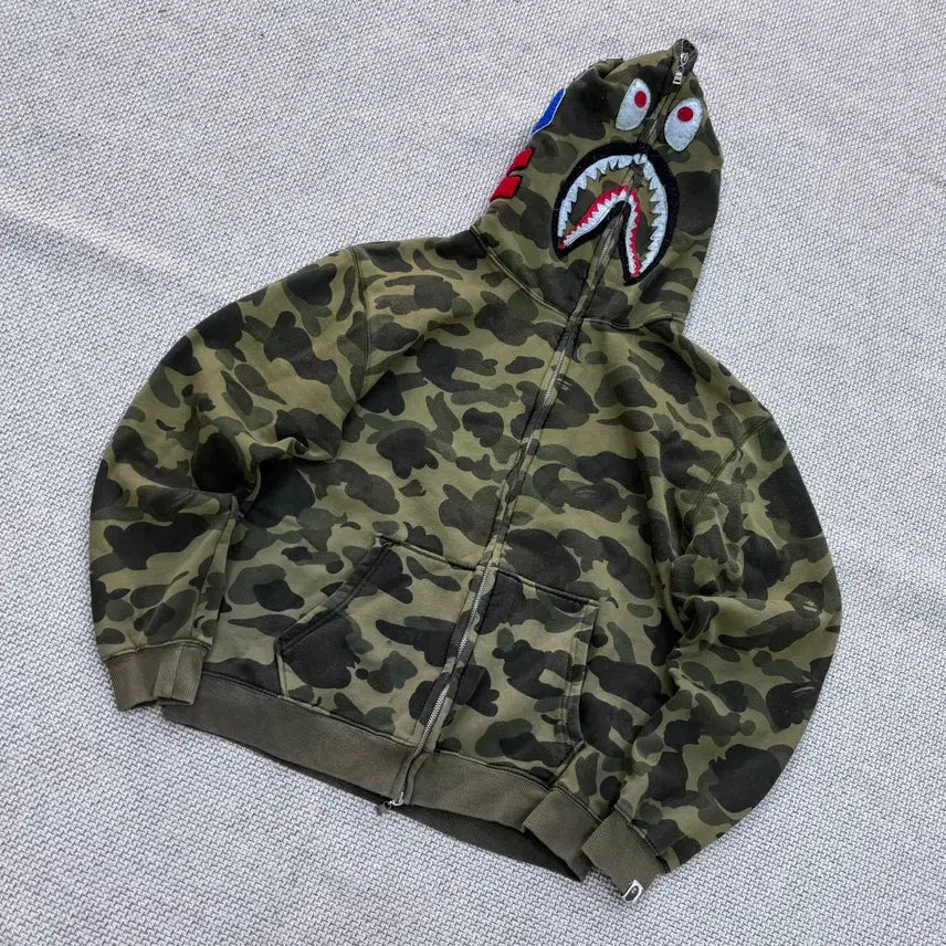 [BUNJANG] XL Vintage Men's Full Zip Camouflage Hoodie (All Over Pilling) / XL 빈티지 남성 카모 풀집업 후드 티셔츠 (전체보풀) 0730E