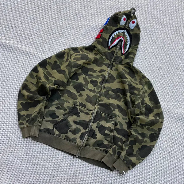 [BUNJANG] XL Vintage Men's Full Zip Camouflage Hoodie (All Over Pilling) / XL 빈티지 남성 카모 풀집업 후드 티셔츠 (전체보풀) 0730E