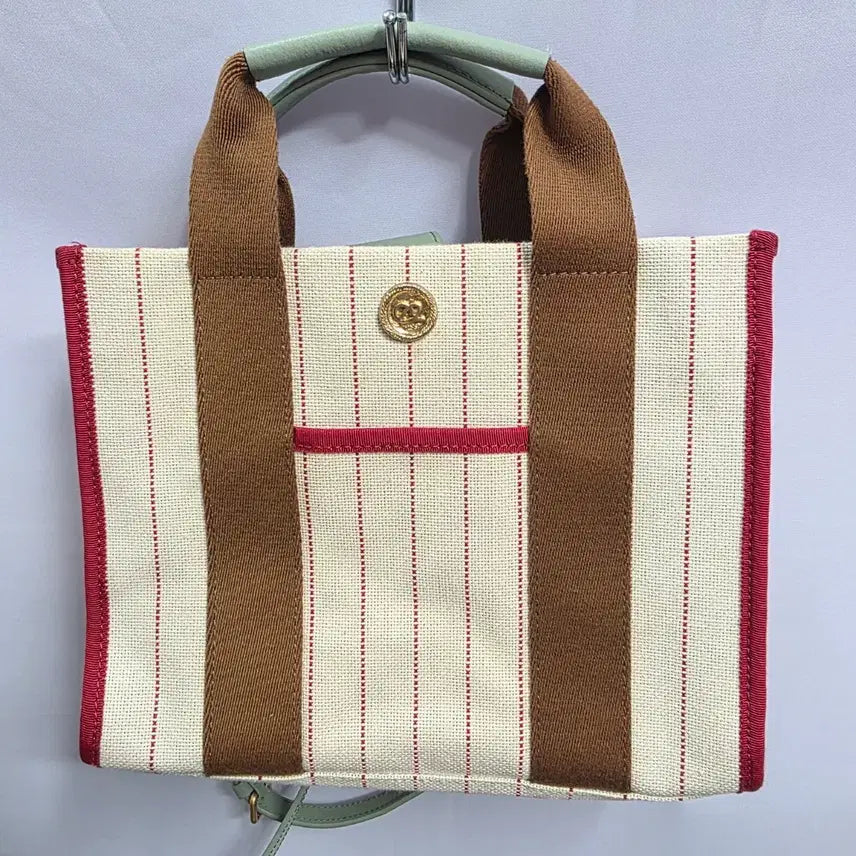 [BUNJANG] Ozcecon Striped Pattern Tote Bag with Gold Accent / 한섬 오즈세컨 여성 토트백 스트라이프 패턴 골드 장식