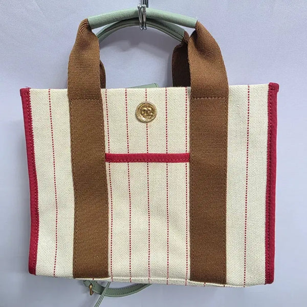 [BUNJANG] Ozcecon Striped Pattern Tote Bag with Gold Accent / 한섬 오즈세컨 여성 토트백 스트라이프 패턴 골드 장식