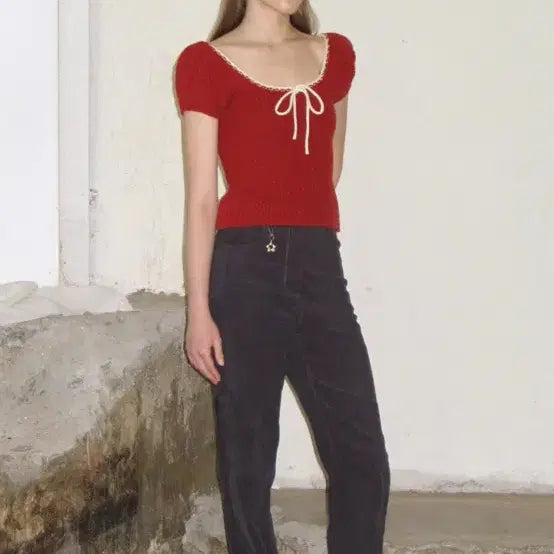 [BUNJANG] PUFF HALF KNIT TOP (RED) / PUFF HALF KNIT TOP (RED