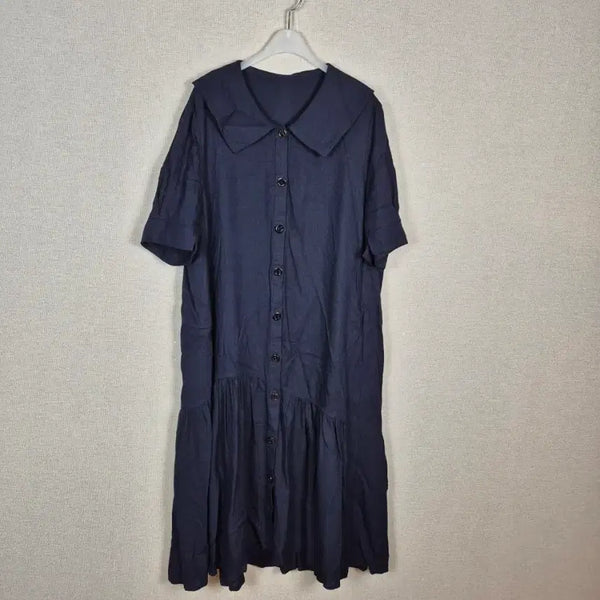 [BUNJANG] Navy Big Collar Long Dress Rayon/Linen Blend / (#88/택없는새상품)레이온마혼방 네이비 빅카라 롱 원피스