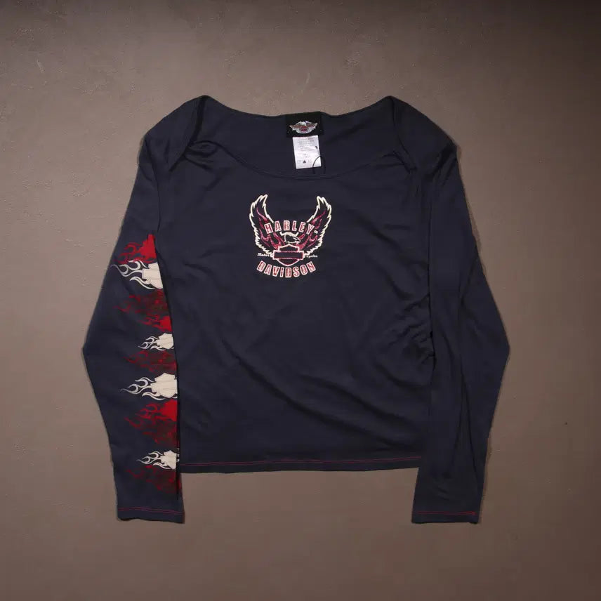 [BUNJANG] Harley Davidson Punk Print Off-Shoulder Long Sleeve Top / 할리데이비슨 펑크 프린팅 오프숄더 롱슬리브 A632