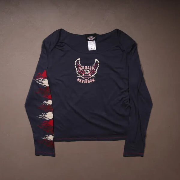 [BUNJANG] Harley Davidson Punk Print Off-Shoulder Long Sleeve Top / 할리데이비슨 펑크 프린팅 오프숄더 롱슬리브 A632