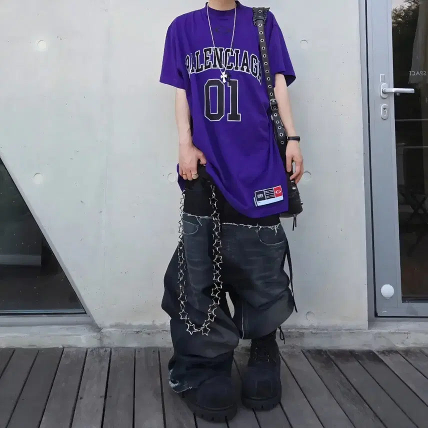 [BUNJANG] Balenciaga Basketball Loop Logo Short Sleeve T-Shirt Purple / 발렌시아가 베스킷볼 반팔 티셔츠 퍼플 루프 자수 로고 티 프린팅 스포츠 아이콘 바스킷볼 숏 슬리브 3B BB 바스켓볼 스포티 B