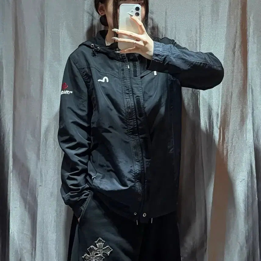 [BUNJANG] M Evisu Symbol Logo Black Nylon Hooded Jacket / M 에비수 심볼로고 블랙 나일론 후드 자켓