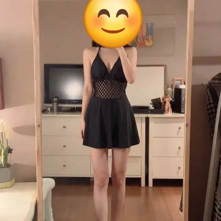 [BUNJANG] Black One-Piece Swimsuit with Mesh Detail / 원피스 수영복 블랙