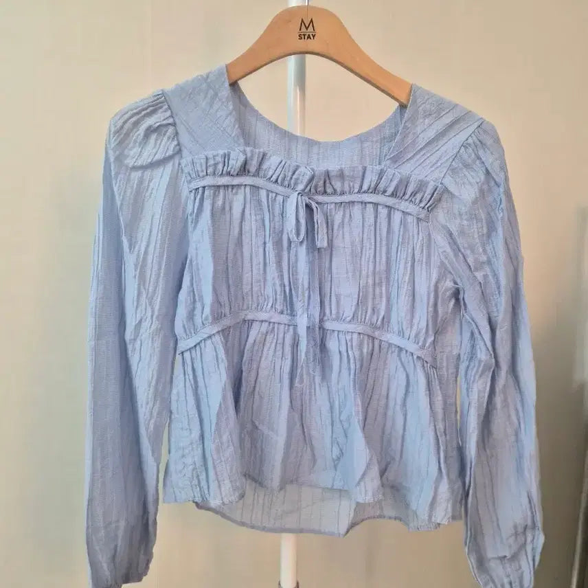 [BUNJANG] Frill Shirring Blouse - Blue / 프릴 셔링 블라우스 블루