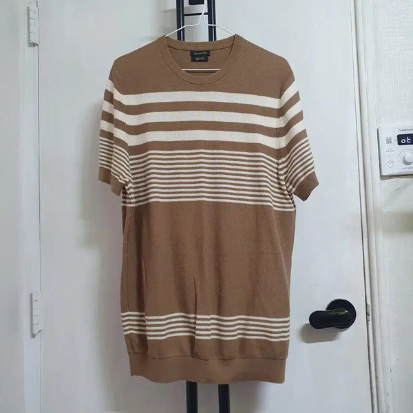 [BUNJANG] Massimo Dutti Men's Striped Short Sleeve Knit L (100) - Brown / 마시모두띠 남성 스트라이프 반팔 니트 L 100 브라운