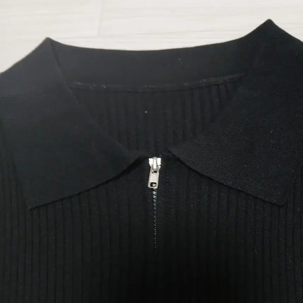 [BUNJANG] Black Ribbed Zip-Up Collar Knit / 블랙 골지 집업 카라 니트