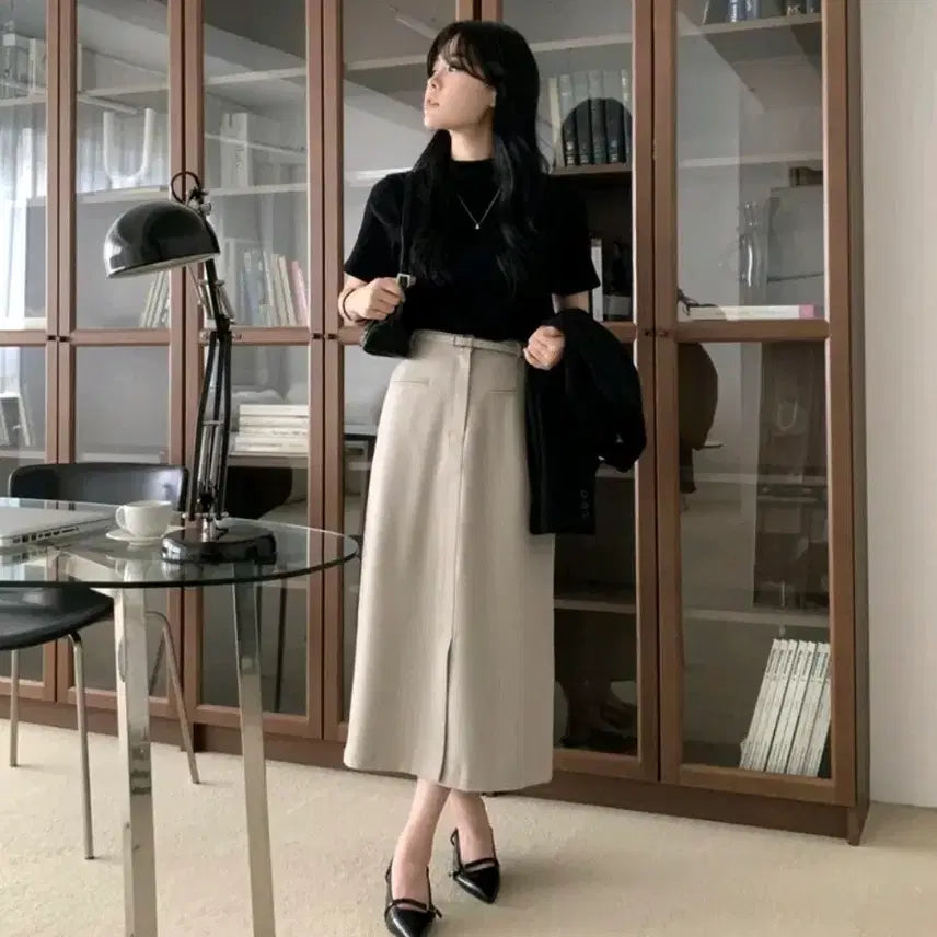 [BUNJANG] By the Bullet Beige Belt Slit H-Line Skirt / 바잇더불렛 베이지색 벨트 슬릿 H라인 스커트