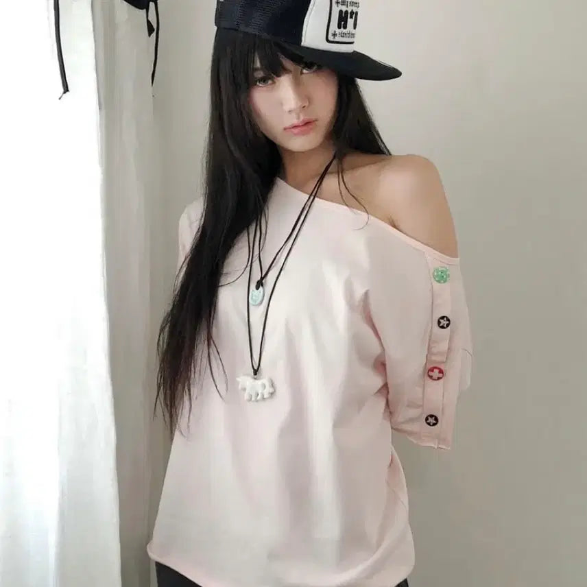 [BUNJANG] Hug Your Skin Candy Button Short Sleeve T-Shirt / 허그유어스킨 캔디 버튼 반팔티