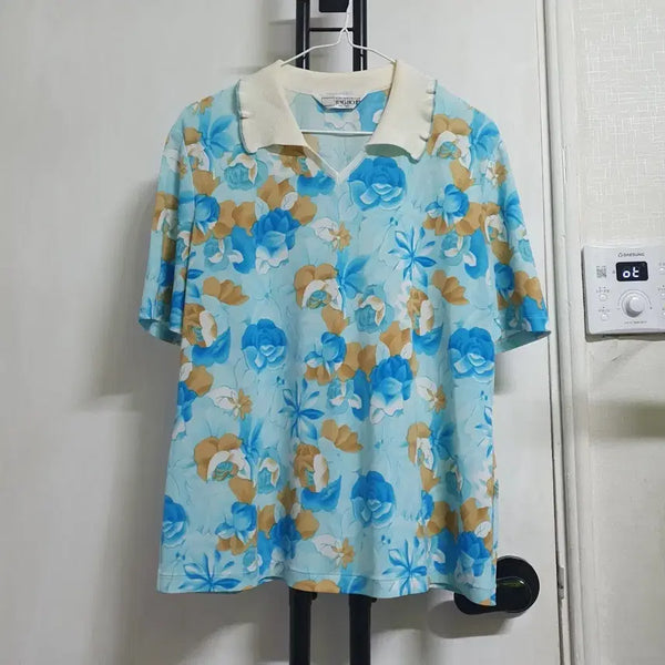 [BUNJANG] Jeonghojin Fashion Women's Short Sleeve Polo Shirt Blue Flower / 정호진패션 반팔카라티 여성66 블루플라워