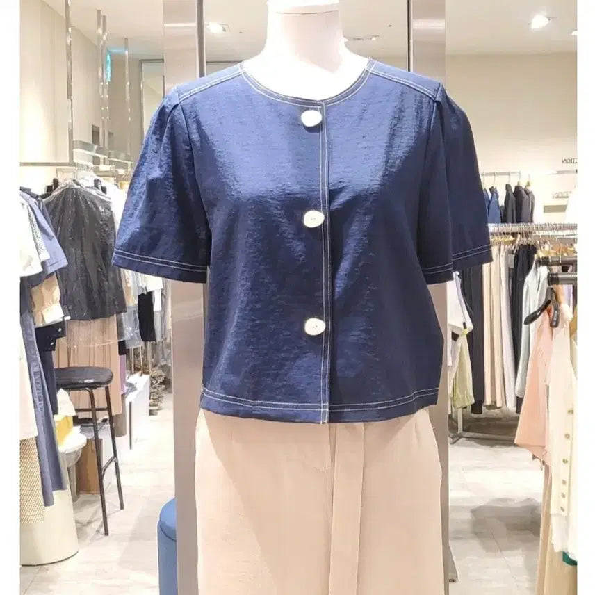 [BUNJANG] On&On Short Sleeve Crop Blouse Navy / 온앤온 블라우스